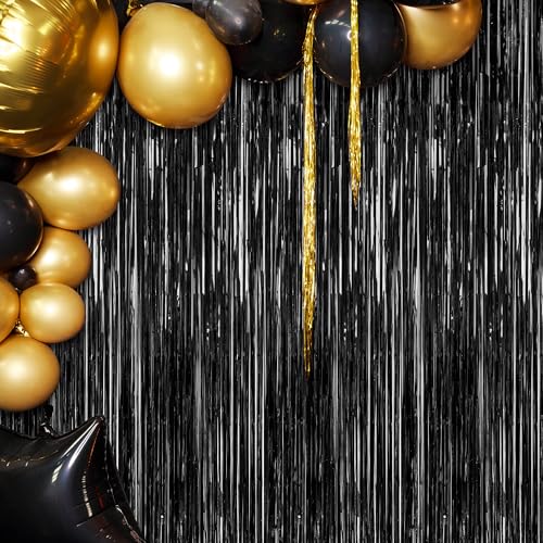 Image of ZATAYE 2 Pack Black Foil Curtain Backdrop Birthday Party Decorations | Black, Metallic Foil, 3.28 x 7.05 FT, Tinsel Backdrop, Foil Curtain Streamer, Halloween New Years Eve Party