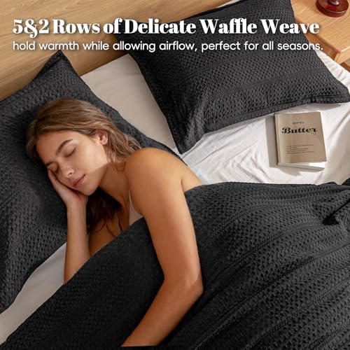 Image of PHF Soft Waffle Comforter Set King Size- Comfy Breathable Waffle Weave Comforter with 2 Pillow Shams, 3 Pieces Less Snagging Lightweight Textured Bedding Set for All Season, Black