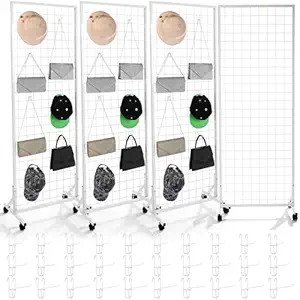 Blulu 4 Pcs Gridwall Panels 2 x 5.2ft Grid Display Panel Commercial Movable Floorstanding with T Base Stand 30 Hooks Heavy Duty Metal Wire Grid Wall Retail Display Garment Racks for Craft Shows Office