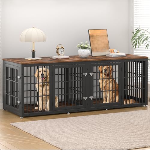 rehomerance 78 Inch Double Dog Crate Furniture, Heavy Duty Extra Large Cage Furniture with Divider for 2 Dogs, Decorative Wooden Kennel Furniture Indoor, Metal Pet House for Large and Medium Dogs