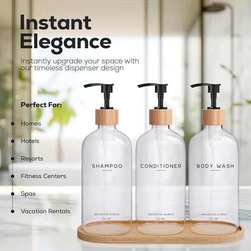 Clear Shampoo and Conditioner Dispenser Set by Brighter Barns - Refillable Plastic Shower Dispenser for Bathroom - Shampoo Bottles & Tray - Modern Bathroom Accessory for Hotel, Vacation Rental (Clear) by Brighter Barns - Used condition - Image 2