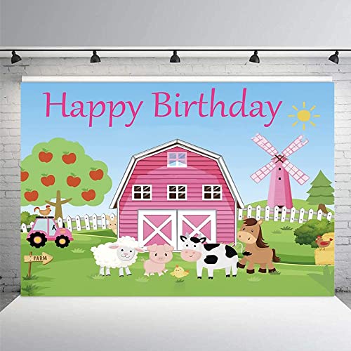 10X8Ft Cartoon Farm Animals Party Backdrop Pink Barn Theme For Girl Princess Birthday Party Supplies Farm Animals Scenic Background Cow Chicken Sheep Grass Windmill Rustic Scenic Banner #TOP3