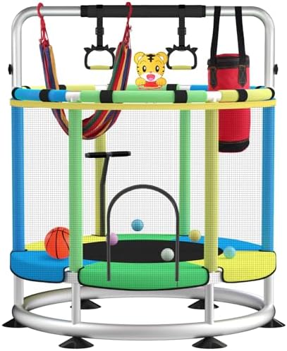 Trampoline for Kids, Adjustable Baby Toddler Trampoline with Basketball Hoop, Round Bottom Indoor Outdoor Toddler with Enclosure