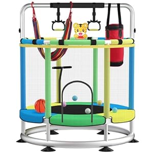 Trampoline for Kids, Update T-handrail Adjustable Baby Toddler Trampoline with Basketball Hoop, 440lbs Anti-Rollover Round Bottom Indoor Outdoor Toddler Trampoline with Enclosure