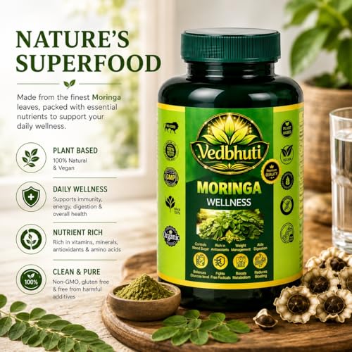Image of Moringa Leaf Powder Capsules 500mg - Pure Drumstick Supplement for Natural Energy, Immunity & Antioxidant Support | Vegan, Non-GMO, No Additives | 60 Capsules (Pack of 2)