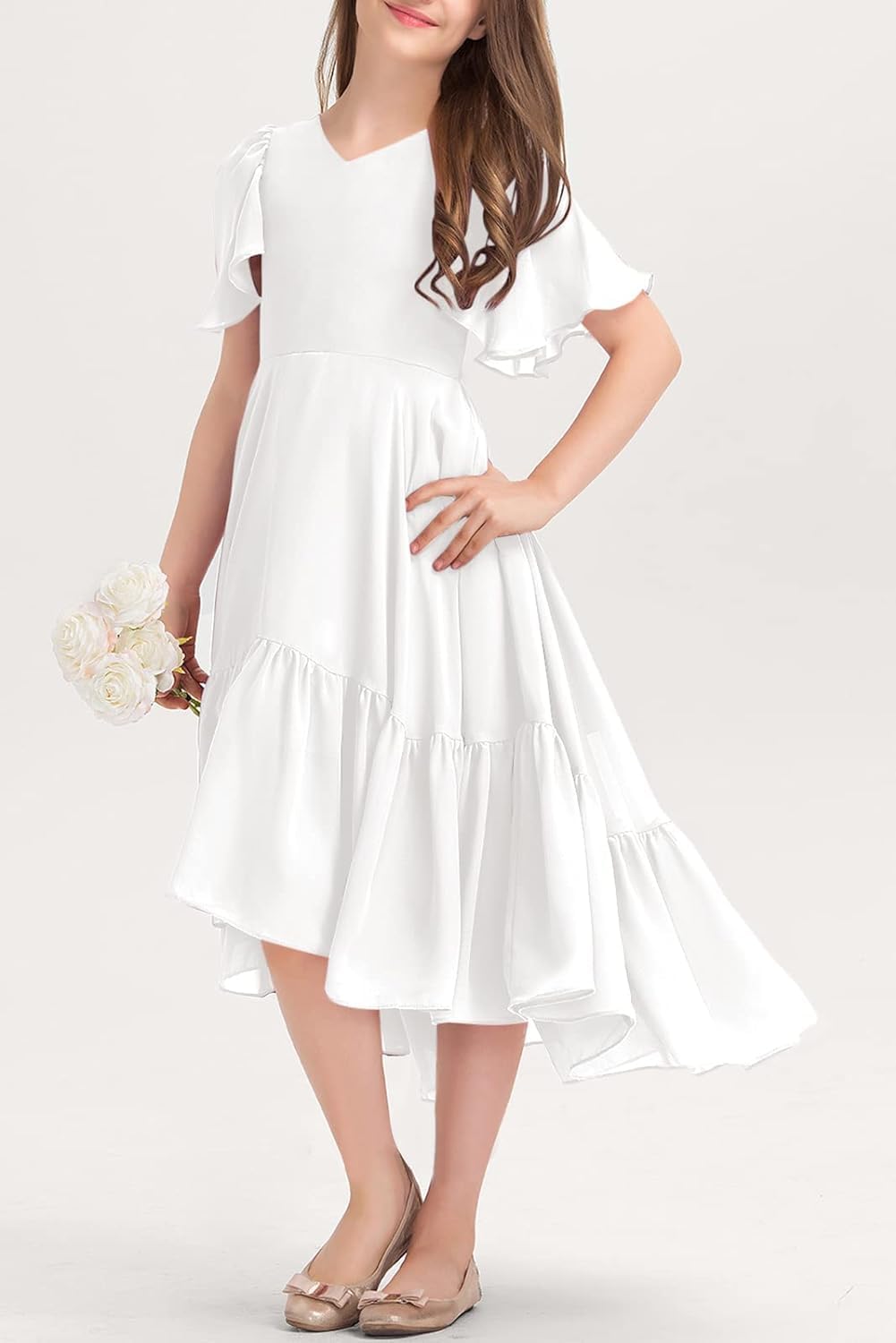Haloumoning Robe d'été pour fille - Col en V - Robe à volants - Décontractée - Robe trapèze - Robe de soirée longue et élégante