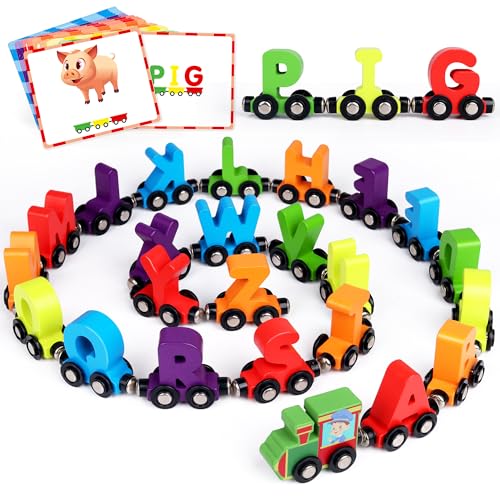 Helsort 27 PCS Magnetic Wooden Alphabet Train Set, ABC Learning Toy with 42 Flash Cards, 1 Engine and Storage Bag, Educational Letter Toy Trains for Toddlers, Boys Girls, Ideal Gift for 3-7 Year Olds