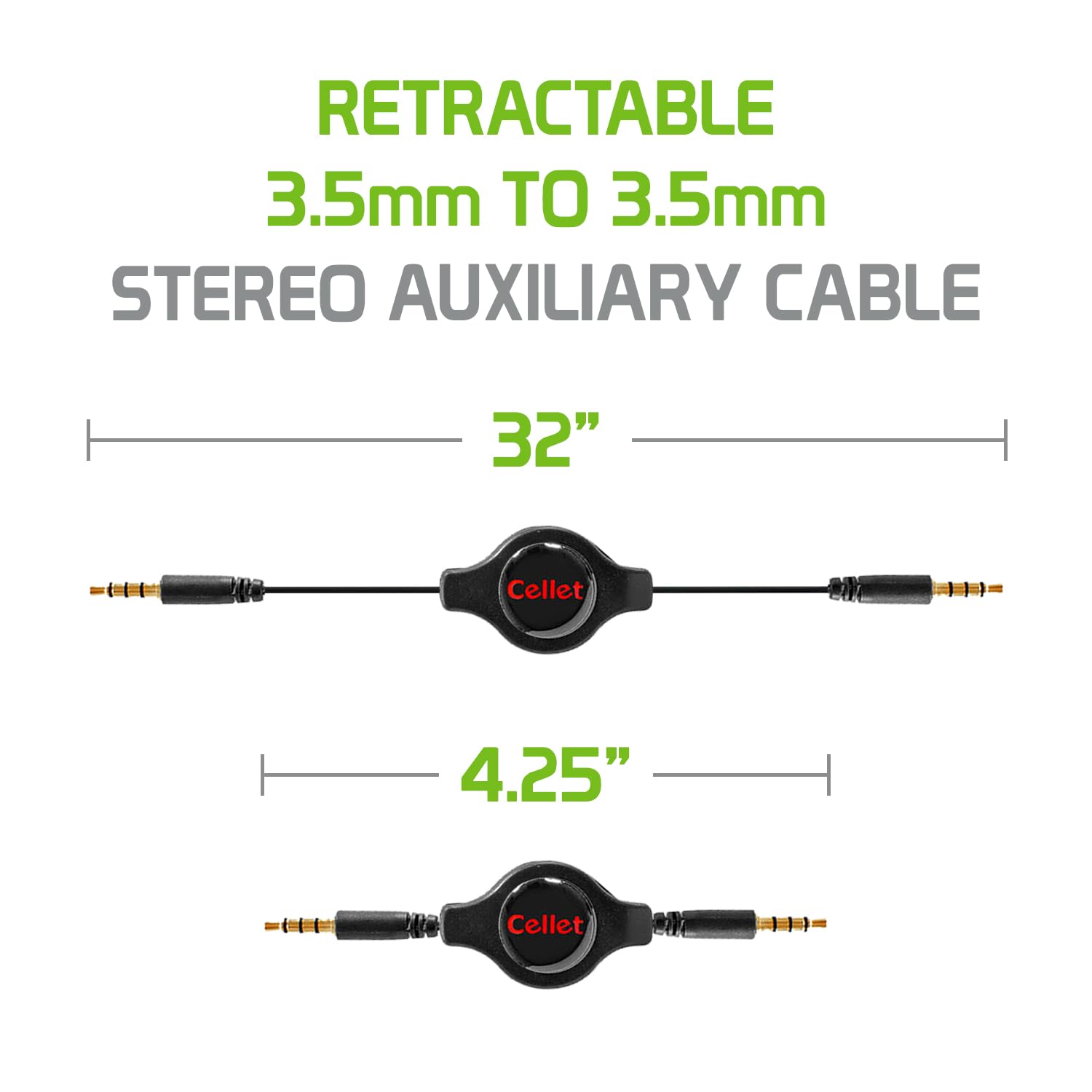 Cellet Retractable Stereo Auxiliary Cable – 32" Extendable Aux Cord for Car, Headphones, Speakers & More – Compact, Tangle-Free Design – 3.5mm Male to 3.5mm Male Audio Jack – Black image 5