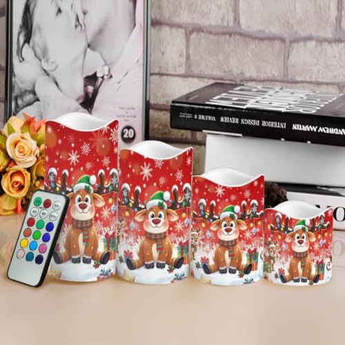 Image of Christmas Flameless Battery Operated Lamp with Remote Control | Reindeer LED Flickering, Battery Operated, Color Changing Electric Pillar Candles for Living Room, Xmas Decoration, 4 Pack