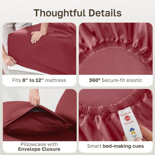 Image of California Design Den Natural 100% Cotton Bed Sheets Twin Size Set - Soft Sateen Twin Sheets Set with 12 inch Pockets, Breathable and Durable Bedding for Dorm Rooms, College (Brick Red)