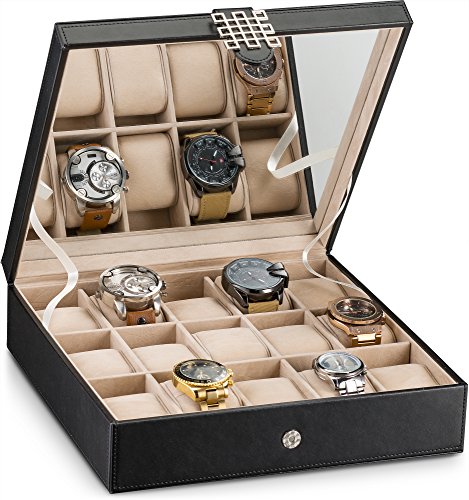 Glenor Co Watch Box - 15 Slot Classic Watch Case Display Organizer with Modern Buckle -Black