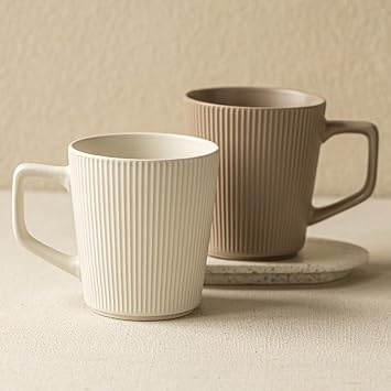 Ceramic Mug with Coaster Set, Ribbed Coffee Mug with Leaf Coaster, Off-White/Chestnut Brown, 12oz/350ml, for Coffee Tea, Home Office, Housewarming Gift Off-White