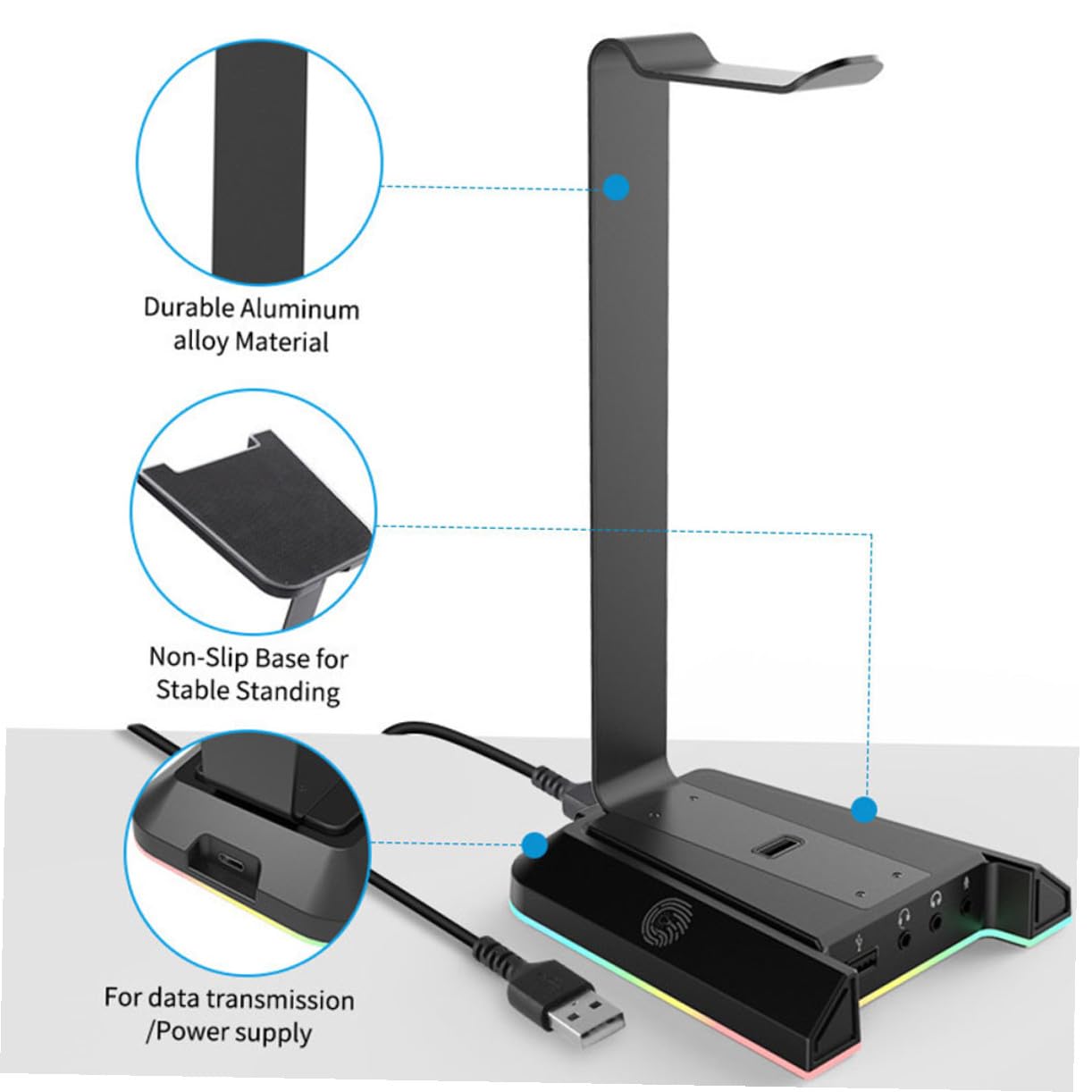 OUNONA Supporto Cuffie Gaming da Scrivania Nero Abs Base Rgb | Interfaccia Usb, Struttura Portatile, per Cuffie e Telefono, Accessorio da Tavolo per Setup Desktop