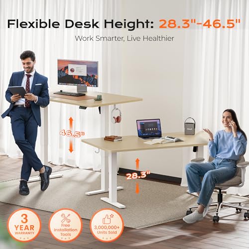 Image of Huuger 63 x 28 Large Electric Standing Desk, Height Adjustable Computer Desk, 27.6 inch Deep Desktop, Stand up Gaming Office Table with 2 Hooks, 3 Preset Heights, for Home Office, Maple