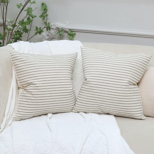 Hckot Grey And Beige Striped Farmhouse Throw Pillow Covers 18 X 18 Inch, Set Of 2 Rustic Linen Decorative Pillow Case For Couch Sofa Cushion Cover Boho Modern Decor(Grey) #TOP2