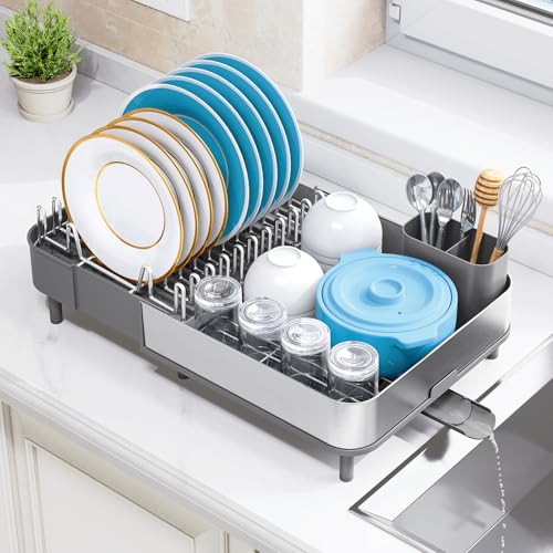 Image of Urackify Dish Drying Rack - Dish Drainer for Kitchen Counter, Stainless Steel Dish Rack with Swivel Draining Spout & Drain Board, Expandable Space-Saving Kitchen Dish Organizer for 3-4 People, Grey