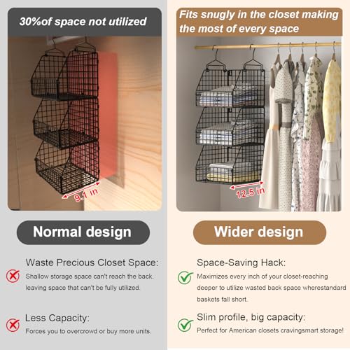 Image of PUPPYCUTE Larger & Deeper Hanging Storage Basket, Closet Organizers and Storage, Hanging Shelves Wire Baskets for Clothing Sweaters Purse Handbags Shoes Black 3 Tier
