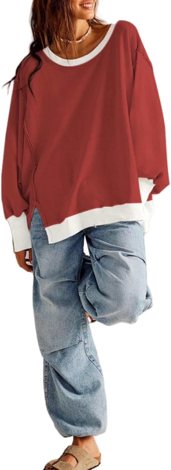 Women Crewneck Sweatshirt Long Sleeve Side Slit Casual Loose Pullover Tops Fall Outfits for Y2K Teen Girls Clothes - Image 3