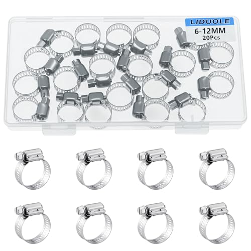 LIDUOLE 1/4-7/16 Inch Hose Clamp Stainless Steel Worm Gear Adjustable Hose Clamps 6-12MM Metal Hoseclamp for Radiator Automotive Pipe Fuel Line (Pack of 20Pcs)