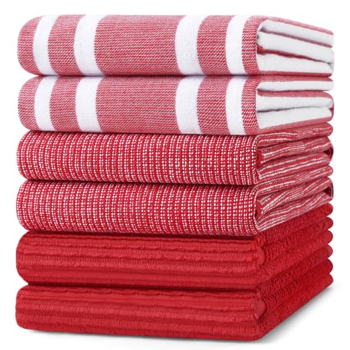 Image of Homaxy Premium Kitchen Towels(18 inchx 28 inch, 6 Pack), Large Cotton 380 GSM Kitchen Hand Towels, Soft and Absorbent Terry Dish Towels, Multipurpose Tea Towel Set with Hanging Loop, Red