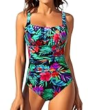 Aqua Eve One Piece Bathing Suit for Women Tummy Control Swimsuit Slimming Vintage Swimwear Colorful Floral XL
