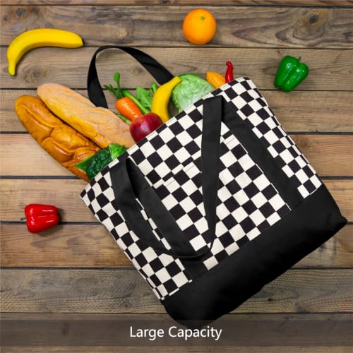 Image of TOPDesign 1-Pack Canvas Tote Bag with an External Pocket, Reusable Grocery Shopping Bag, Top Zipper Closure, Daily Essentials (Checkerboard /Black)