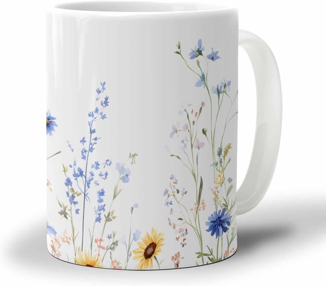 BEMIGO Ceramic Coffee Mug Spring Country Floral Ceramic Mug White Cup, Blue Yellow Flower Insulated Coffee Cup with Handle with Pattern Perfect for Tea and Hot Beverages, 12oz