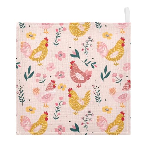 Image of Bolaz Washcloths Set Bathroom Kitchen Wash Cloths Face Towels Wipes Chickens Pink Decorative 12x12 Inch 5 Pack