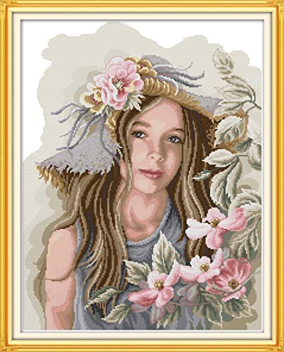 Peinture au diamant 5D fille et fleur | Kit broderie strass complet point de croix 30x40 cm