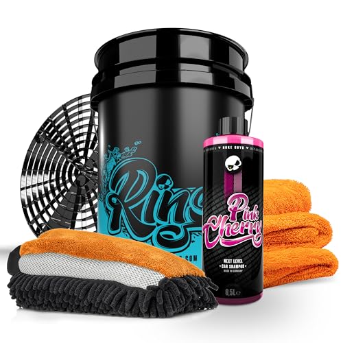 Nuke Guys Starter Auto Rinse Set - Wascheimer mit GritGuard Schmutzeinsatz + Pink Cherry Autoshampoo 0,5l + 3in1 Waschschwamm + Gamma Dryer Twisted Pile Trockentuch XXL + Autopflege - Handwäsche