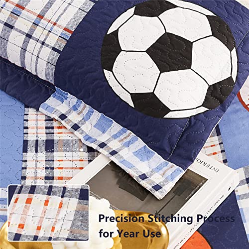 Boys Girls Plaid Sport Bedspread Coverlet Rugby Football Soccer Basketball Baseball Printed Bedding Set,All-Season Reversible Quilt Set Twin Size For Teens,Children,Sports Fans (Twin,Blue) #TOP4
