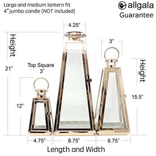 Allgala 3-PC Lantern Set 24 Inch Jumbo Deluxe Modern Indoor/Outdoor Candle Lantern Set Rose Gold Stainless Steel Tapered Trapezoid Frame with Tempered Glass for Garden Patio Fireplace Wedding