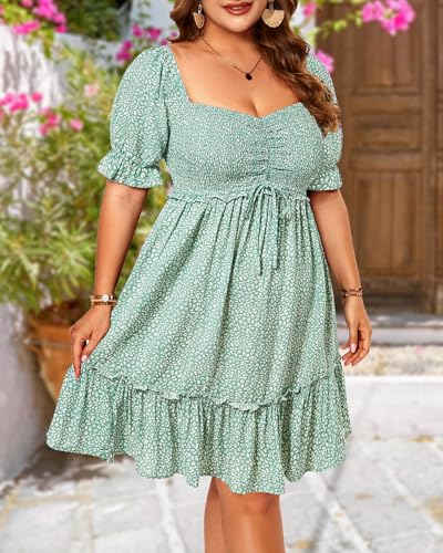 Image of Pinup Fashion Plus Size Summer Dresses-2026 Casual Puff Sleeve Sweetheart Neckline Smocked Short Babydoll Dress