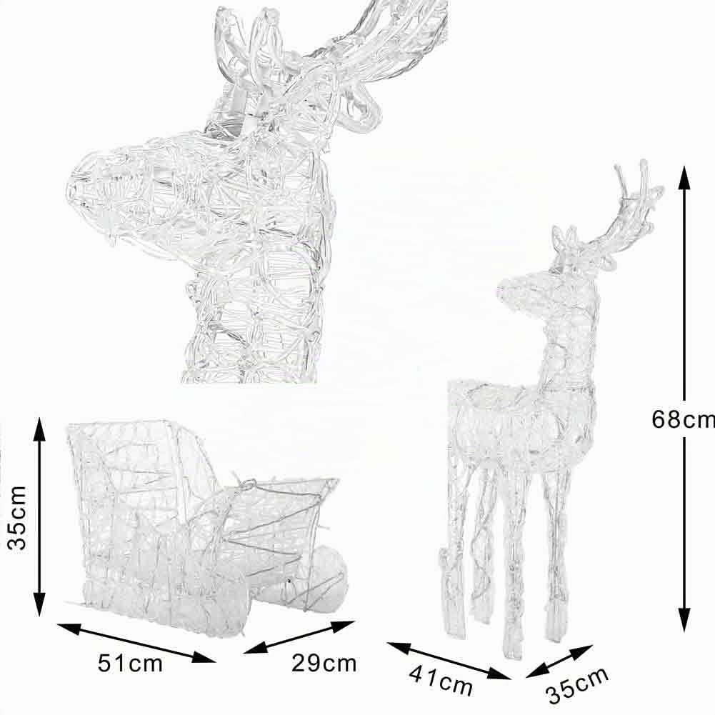 BAKAJI Traîneau et Rennes de Noël 3D Lumineux 240 lumières LED Blanc Chaud pour Jardin extérieur à Piles 7 Effets Lumineux Hauteur Rennes 68 cm traîneau 35 cm