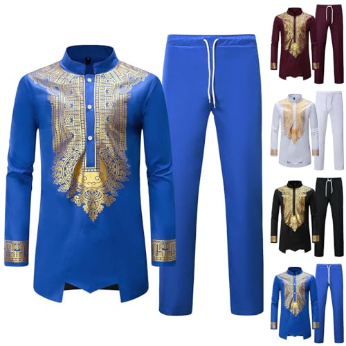 Cambkatl Mens Men's Africa Suit Band Collar Long Sleeve Gold Print Dashiki and Long Pants Traditional 2 Piece Outfits2