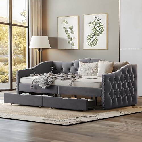 UQGVML Twin Size Daybed with Storage Drawers, Upholstered Daybed with 2 USB Ports, Sturdy Wood Frame,Day Bed for Bedroom, No Box Spring Needed, Grey