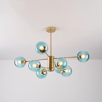 Mid Century Modern Chandelier, Glass Linear Pendant Light Dimmable Light Fixture, Decorative Globe Ceiling Light for Dining Room, Bedroom, Kitchen, Easy Installation8 Heads, Gold + Blue