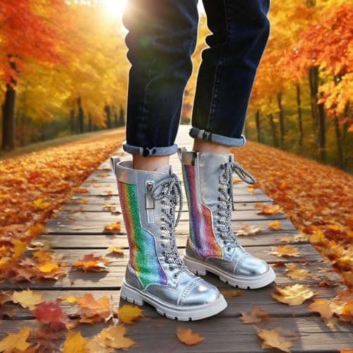 kkdom Girls Knee High Lace Up Side Zipper Mid Calf Combat Riding Boots Sparkly Rainbow Winter Boots for Kids Party Christmas Holiday3