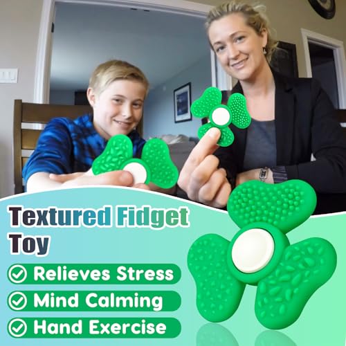 Sensory Fidget Spinners Toy for Adults, 2 in 1 Green Textured Worry Stone, Quiet Desk Office Trefoil Fidget Spinner Stress St. Patrick's Day Party Gifts for Teen - Image 5