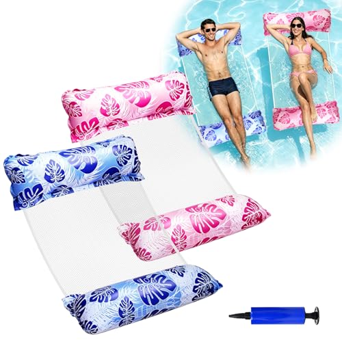 Qcdou 2 Pièces Bouee Piscine Adulte, Flottant Hamac Gonflable, 4 in 1 Matelas Piscines, Matelas Filet Piscine, Sofa Pool, avec 1 Pompe à Air Manuelle, Transat piscines(Bleu foncé/Rose)