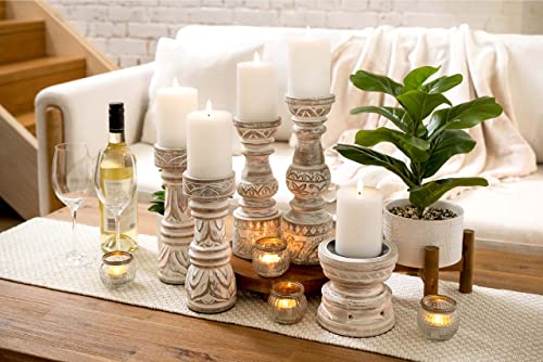 Farmhouse Candle Stands - Set Of 2 Medium Candle Holders | Decorative Wood Candle Holders Set | 9" High And 10" High | White Washed Candle Holders For Table Centre Piece #TOP5