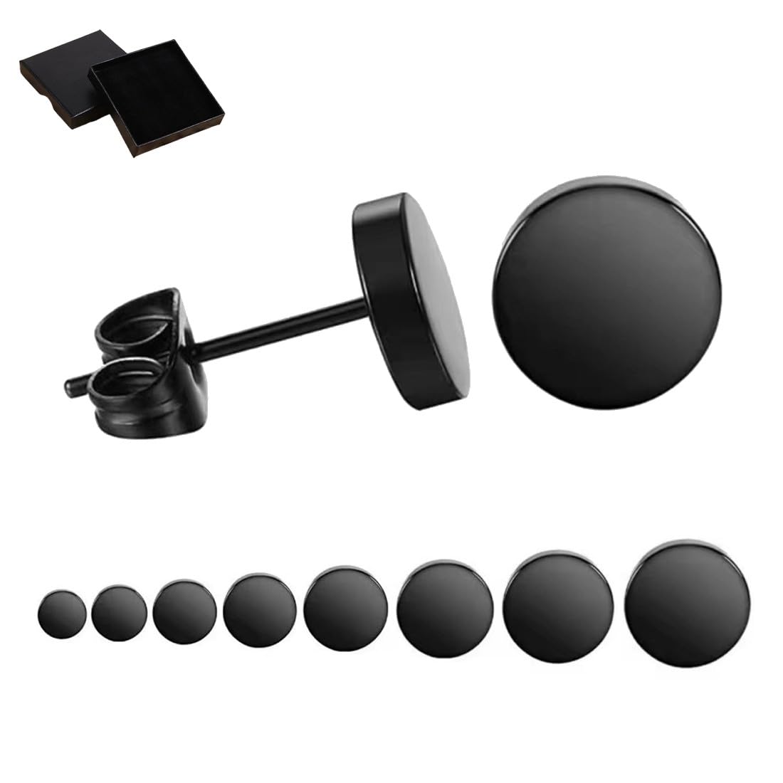 ZKGYUS 8 Pares Pendientes Negros Hombre Aretes Hombre 3-12mm Aretes Redondos De Acero Inoxidable Hipoalergénicos para Hombres y Mujeres（8 Tallas）