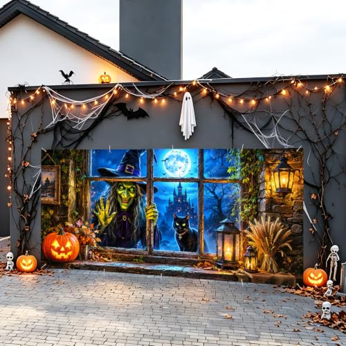 Image of Halloween Garage Door Decorations 7 x 16 ft, Witch Window Cover