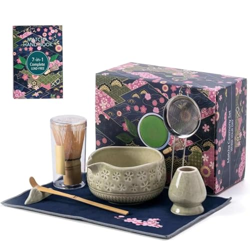 Matcha Whisk Set Ceramic Kit: Japanese Matcha Loves Essential 7-in-1 Set, Lead-Free Ceramic, Food Safety Certified, 100% Natural Handmade Bamboo, 60s Dense Foam, Easy Clean for Healthy Lifestyle.