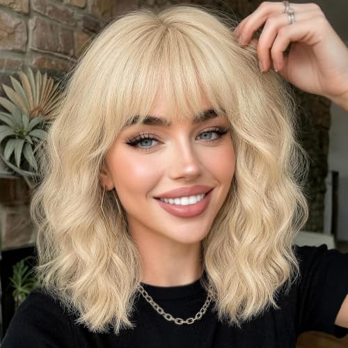 Image of Nnzes Short Wavy Bob Wig with Bangs for Women Shoulder Length Curly Soft Ash Blonde Synthetic Heat-Resistant Fiber Hair for Daily & Party Use