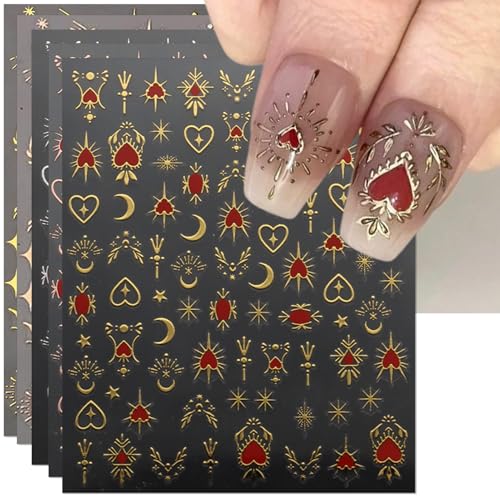 IDDFEVE 9 Sheets Gold Heart Nail Art Stickers - Valentines Day Self-Adhesive 3D Nail Decals for DIY Golden Silvery Manicure