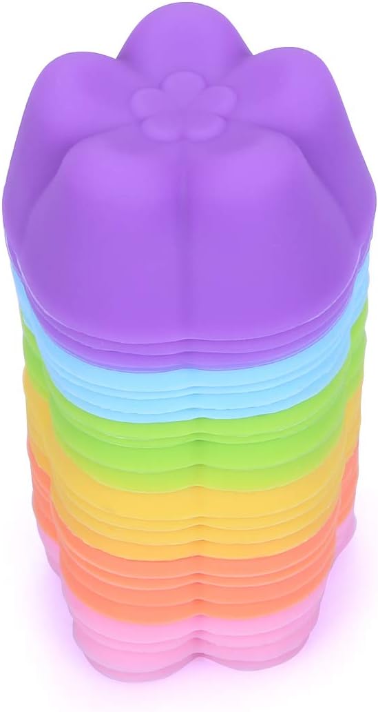 Mini Silicone Baking Cups Plum Blossom Pack of 24 - Reusable Baking Cupcake Liners Muffin Molds 2 inch - Nonstick Small Truffle Chocolate Jello Cups in 6 Colors Mini Plum Blossom