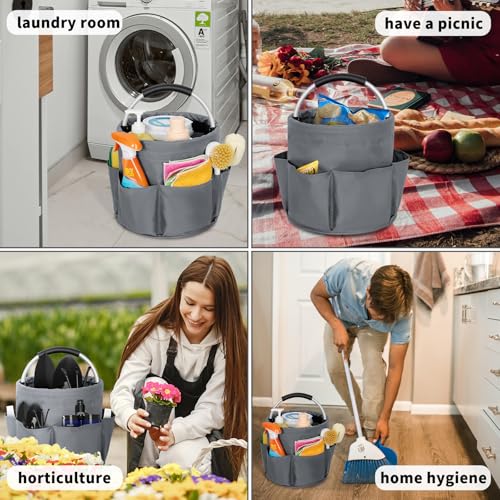 IPEB Reinigungs-Caddy-Organizer mit Griff, faltbar, Reinigungseimer, Reinigungswerkzeug-Eimer, Werkzeugtasche mit mehreren Taschen, für Reiniger und Haushälter, Grau