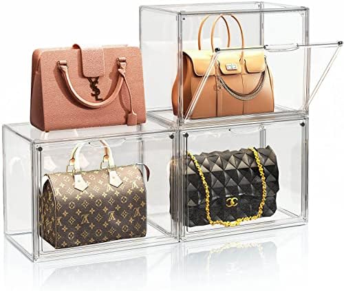 Clear Purse Storage Organizer for Closet, 3Packs Handbag Storage Organizer, Acrylic Display Case for Purse/Handbag, Stackable Bag Organizer with Magnetic Door for Wallet, Clutch, Hats, Toys, Books