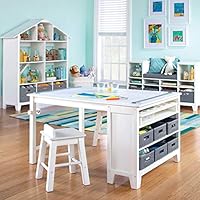 Martha Stewart Kids' Art Table and Chair Set - Linen White: Wooden Play Table for Arts and Crafts| Coloring Desk with Paint Cups, Paper Roll and Craft Supplies Storage Bins